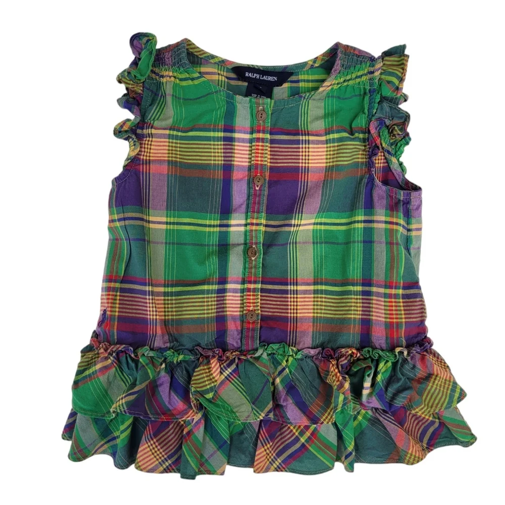 Ralph Lauren plaid ruffle button down sleeveless blouse